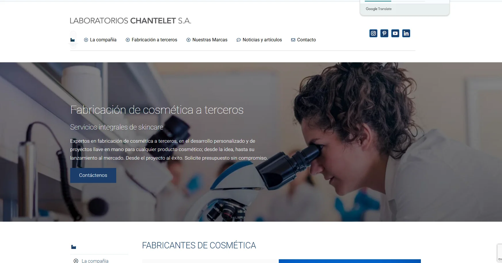 Cosmetic laboratory equipment on workbench with microscope under banner promoting skincare services.